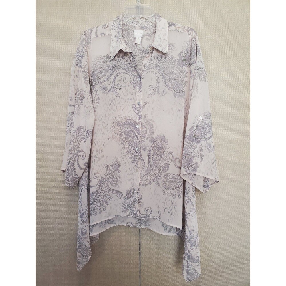 Chico's Semi-Sheer Mixed Paisley Handkerchief Hem Button-Up Tunic Size 3 (XL)